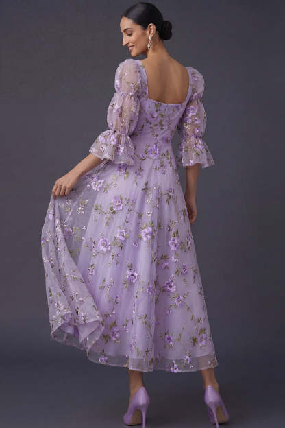 A Line Floral Appliqued Lilac Square Neck Long Formal Dress