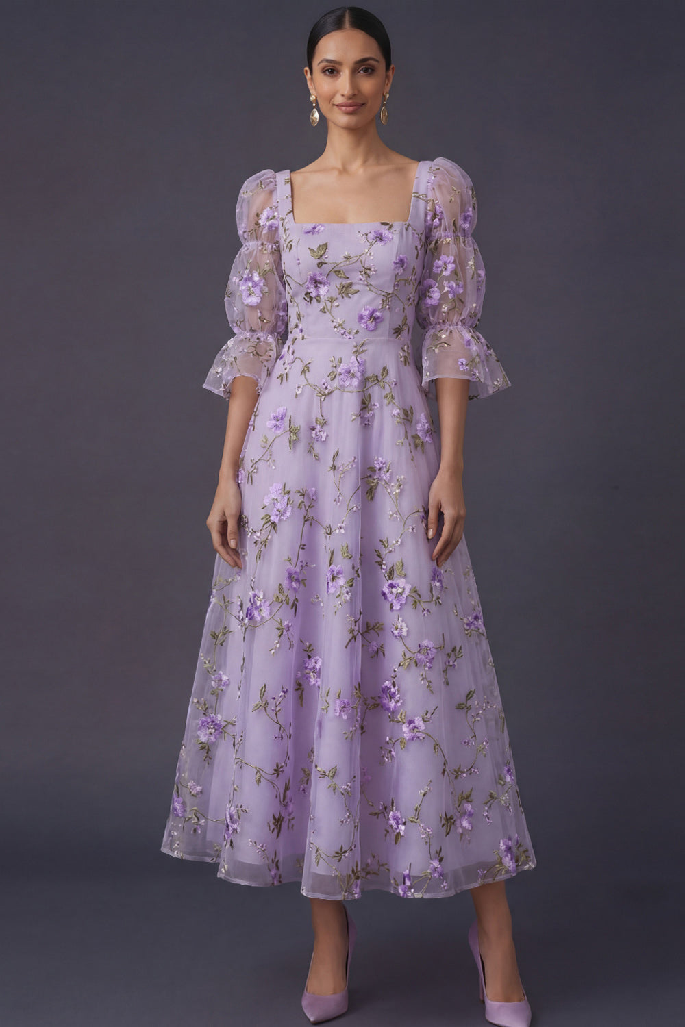 A Line Floral Appliqued Lilac Square Neck Long Formal Dress