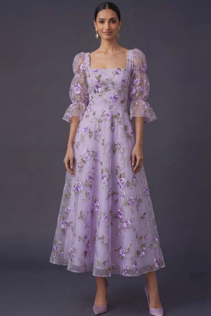 Leely Women A Line Floral Lilac Square Neck Long Formal Dress Appliqued Puff Sleeves Garden Party Dress