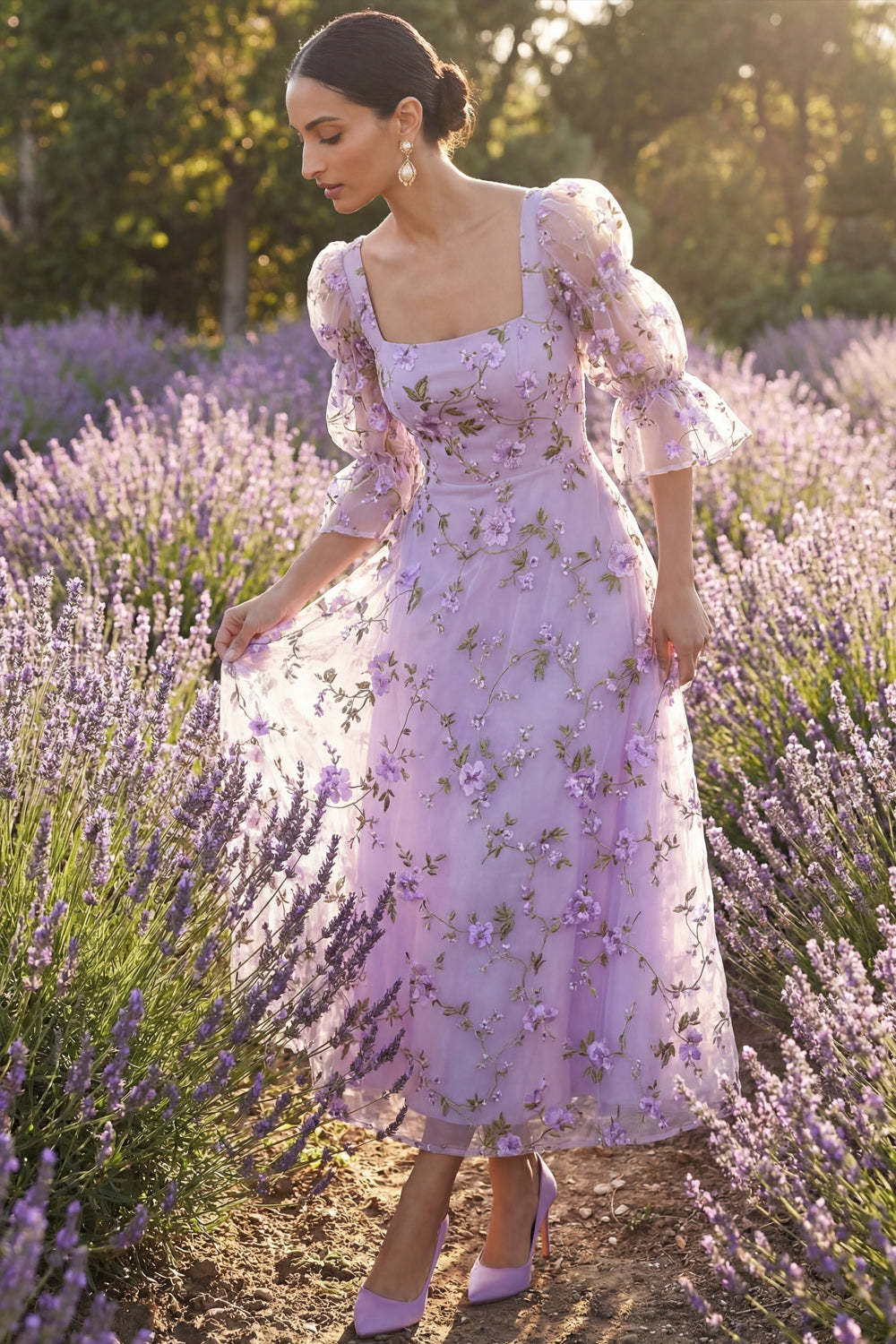 A Line Floral Appliqued Lilac Square Neck Long Formal Dress