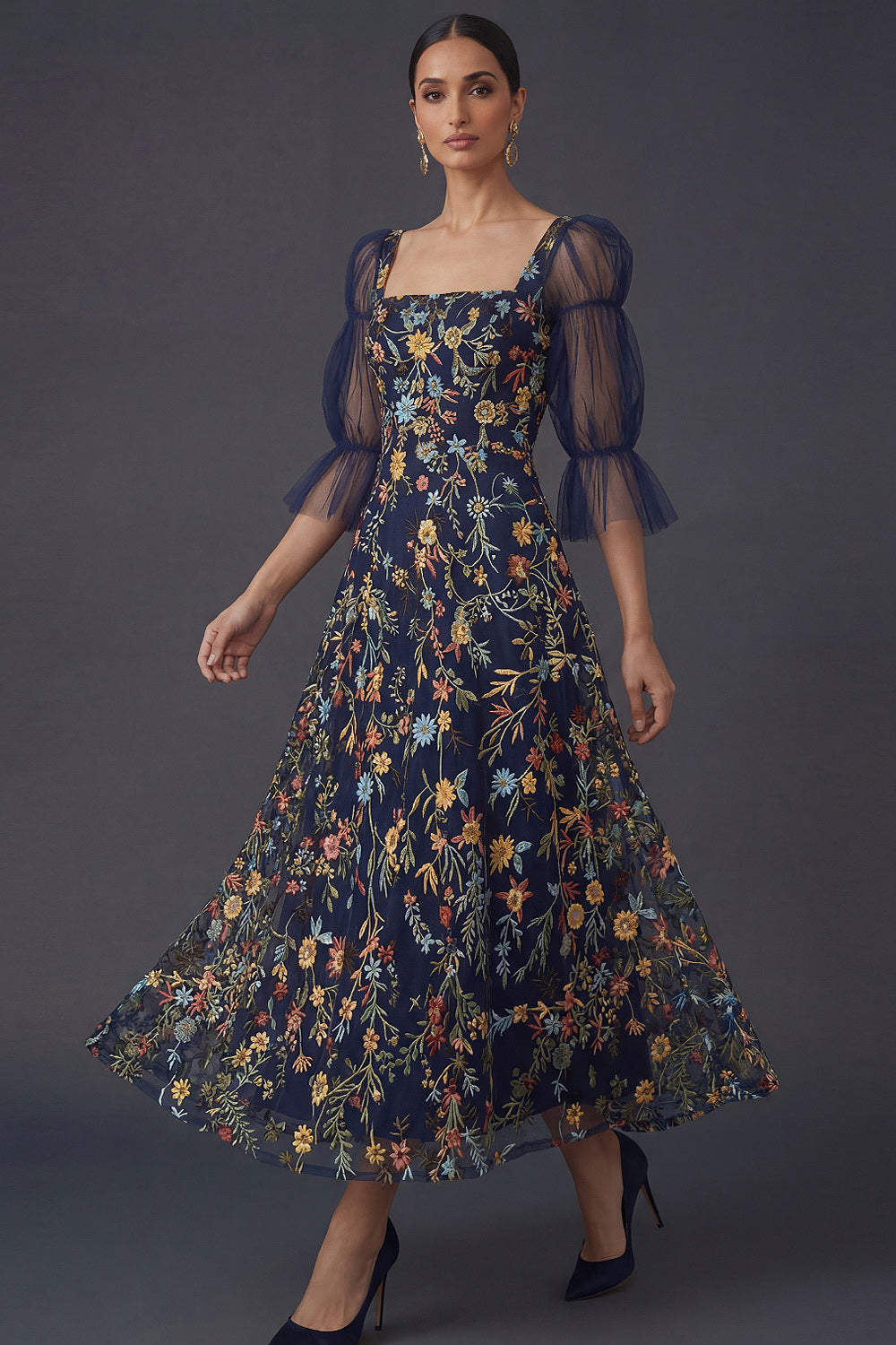 Leely Women Navy A Line Floral Appliqued Midi Formal Dress Square Neck Embroidered Puff Sleeves Garden Party Dress