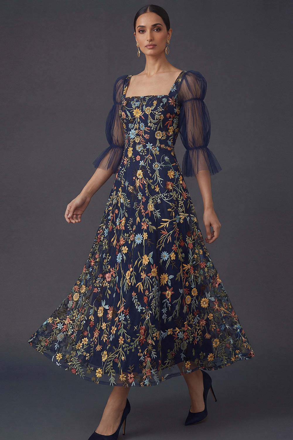 Leely Women Navy A Line Floral Appliqued Midi Formal Dress Square Neck Embroidered Puff Sleeves Garden Party Dress