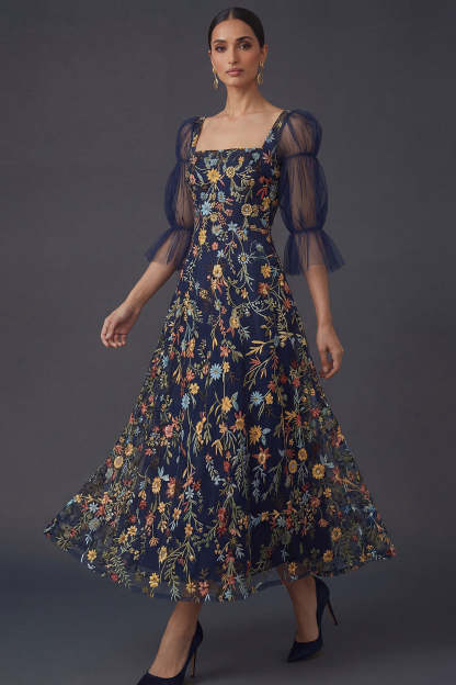 Leely Women Navy A Line Floral Appliqued Midi Formal Dress Square Neck Embroidered Puff Sleeves Garden Party Dress