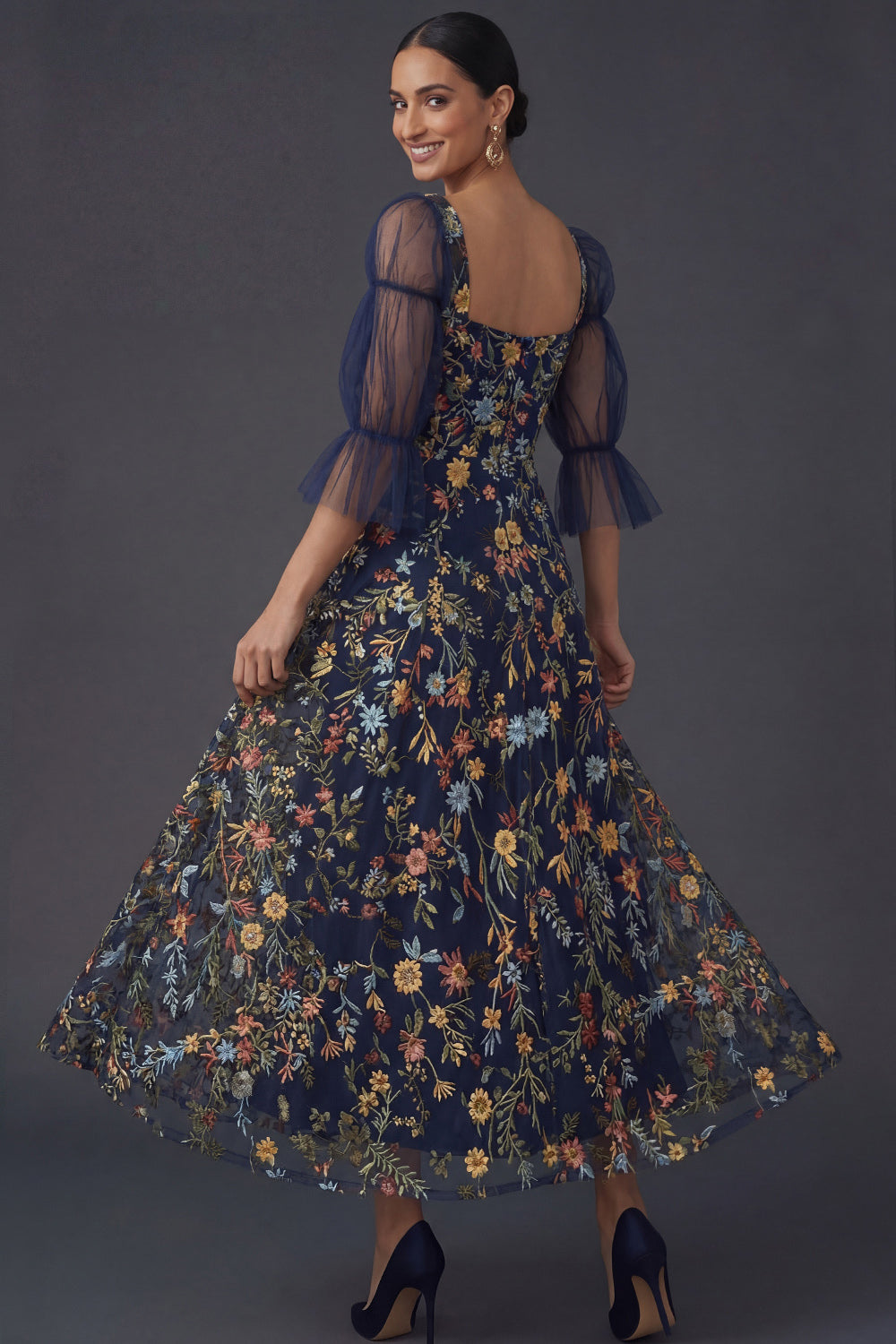 Navy A Line Floral Appliqued Square Neck Midi Formal Dress