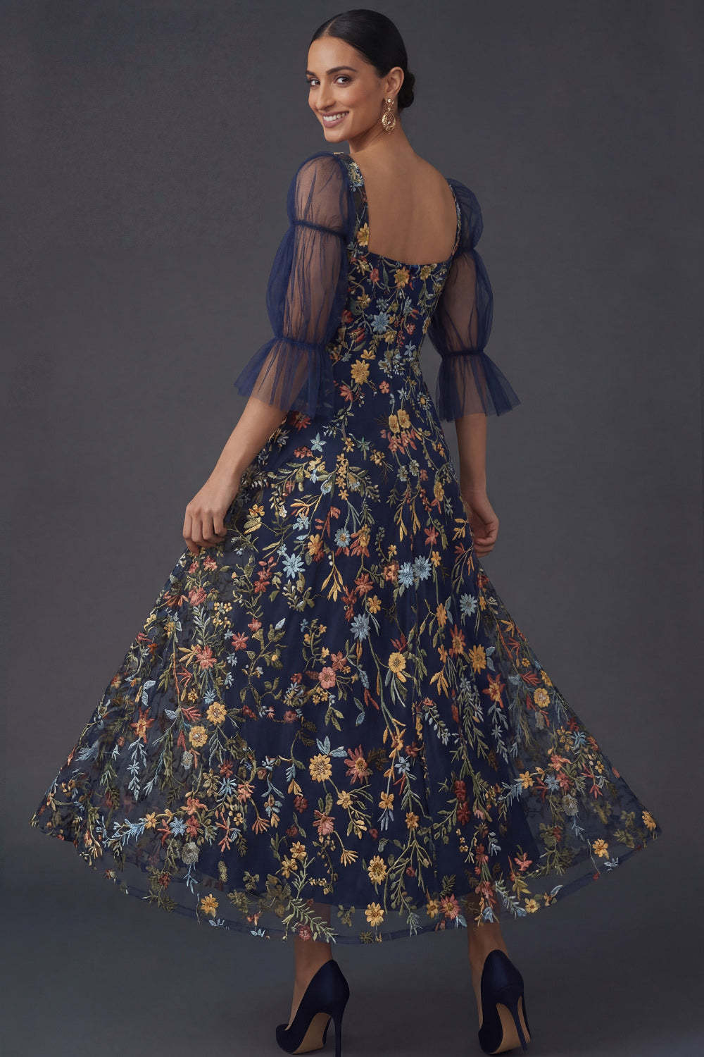 Navy A Line Floral Appliqued Square Neck Midi Formal Dress