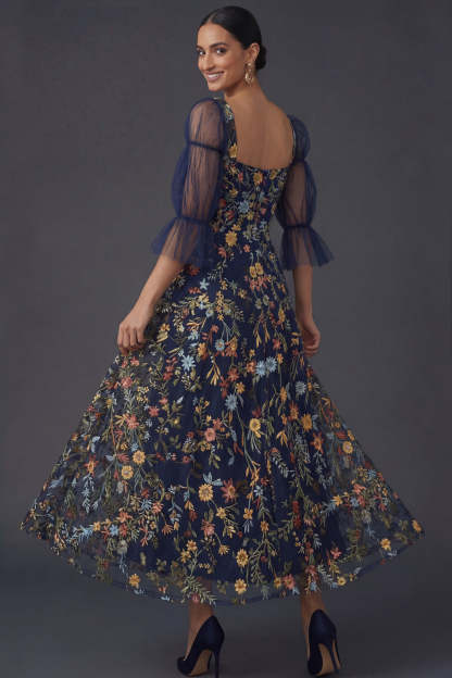 Navy A Line Floral Appliqued Square Neck Midi Formal Dress