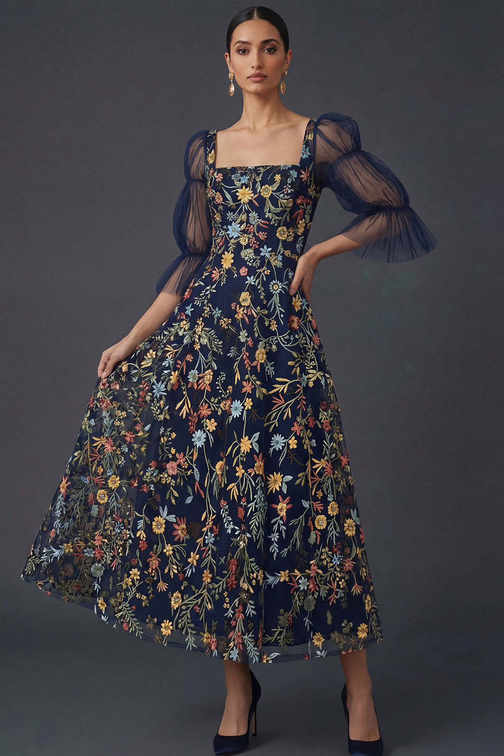 Navy A Line Floral Appliqued Square Neck Midi Formal Dress