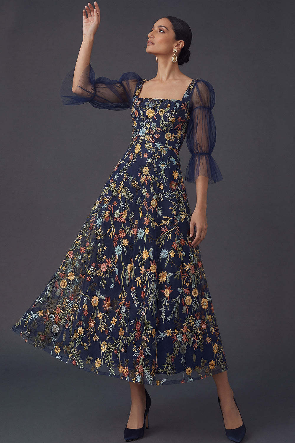 Navy A Line Floral Appliqued Square Neck Midi Formal Dress