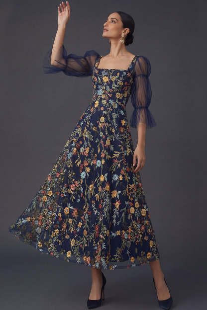 Navy A Line Floral Appliqued Square Neck Midi Formal Dress