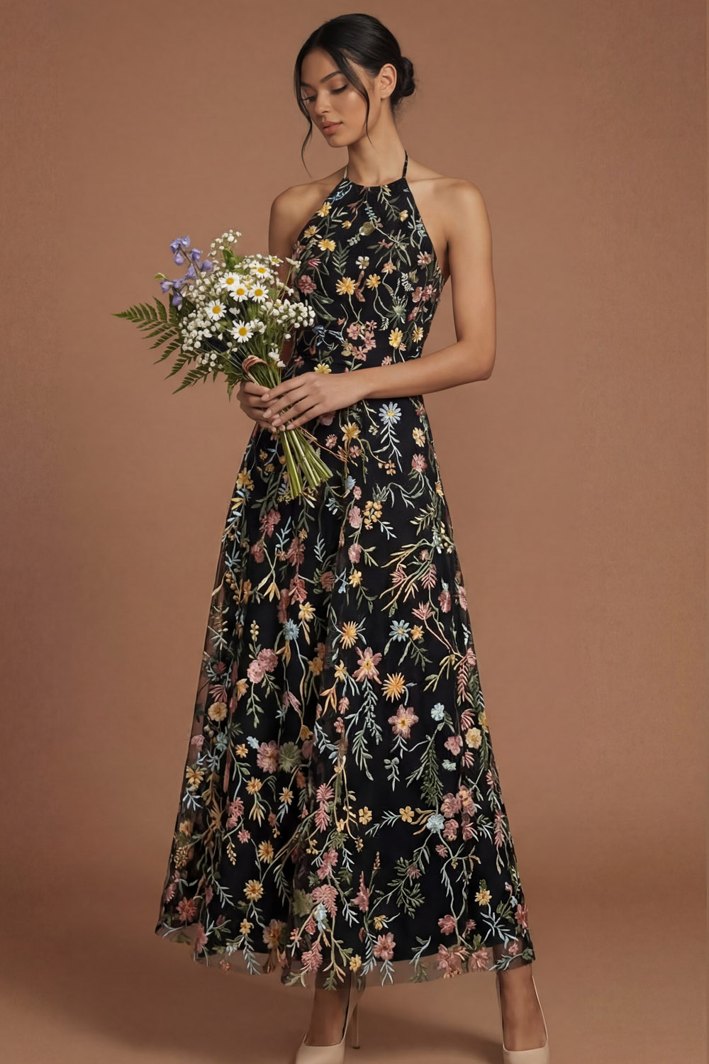 Green Floral A Line Embroidered Halter Neck Long Formal Dress