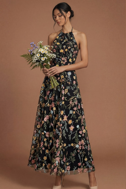 Green Floral A Line Embroidered Halter Neck Long Formal Dress