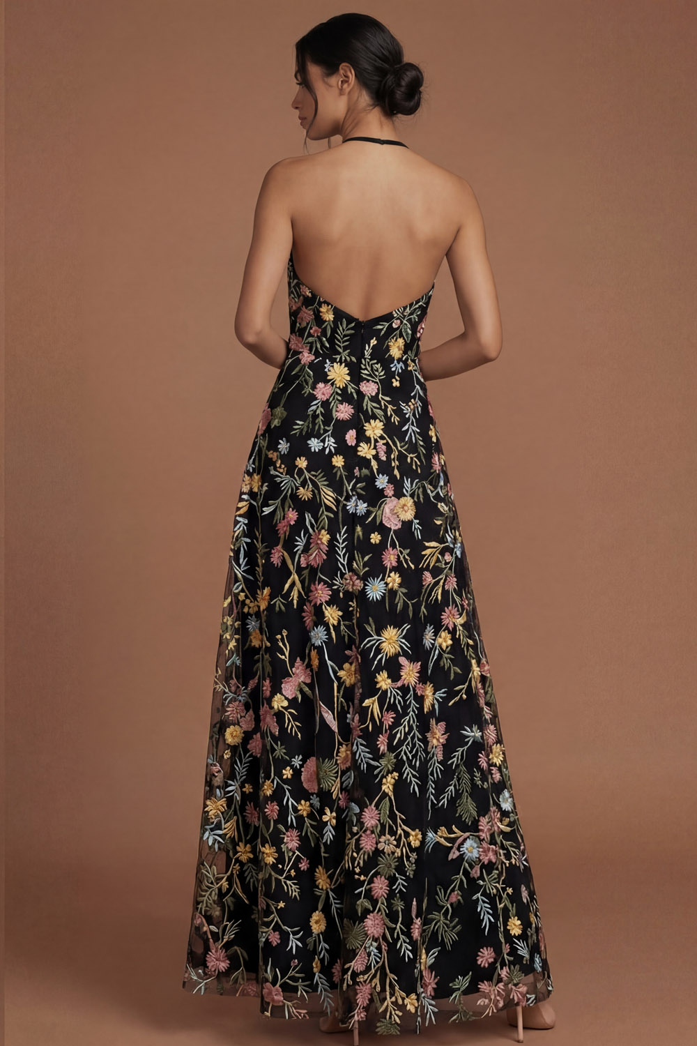 Green Floral A Line Embroidered Halter Neck Long Formal Dress