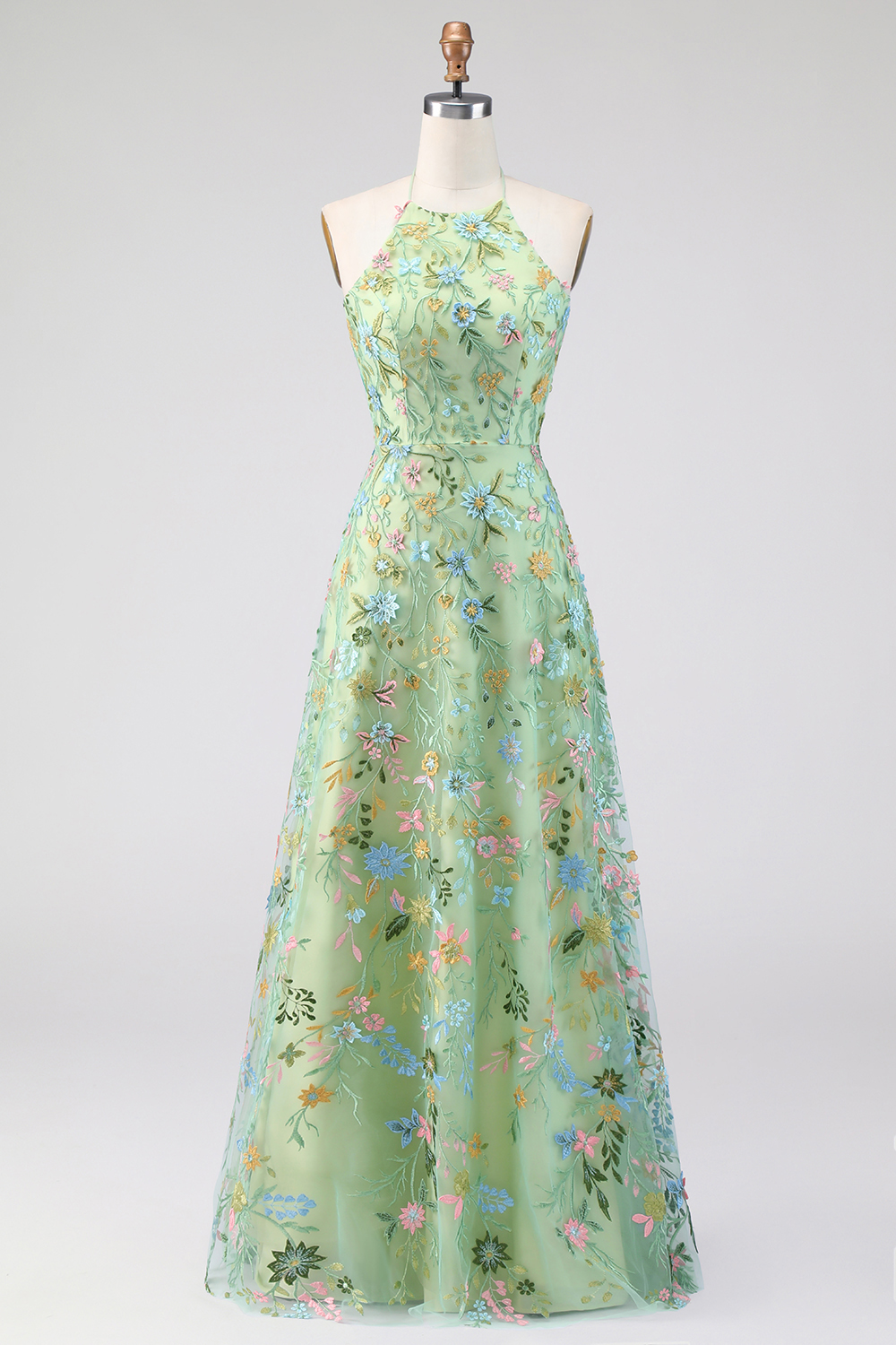 Green Floral A Line Embroidered Halter Neck Long Formal Dress