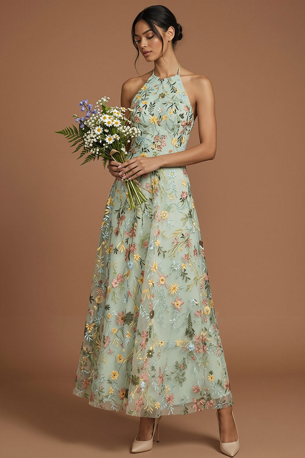 Green Floral A Line Embroidered Halter Neck Long Formal Dress
