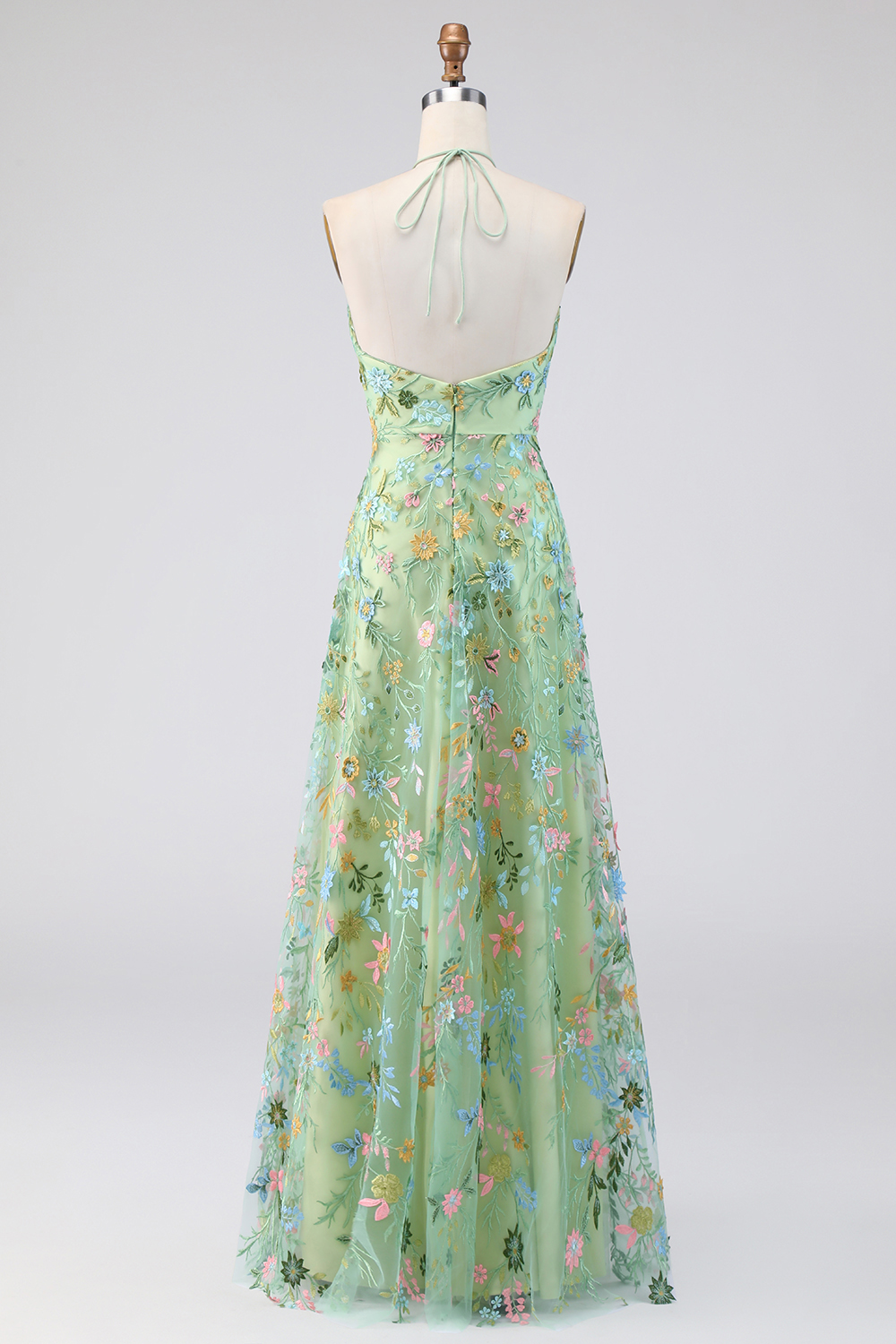 Green Floral A Line Embroidered Halter Neck Long Formal Dress