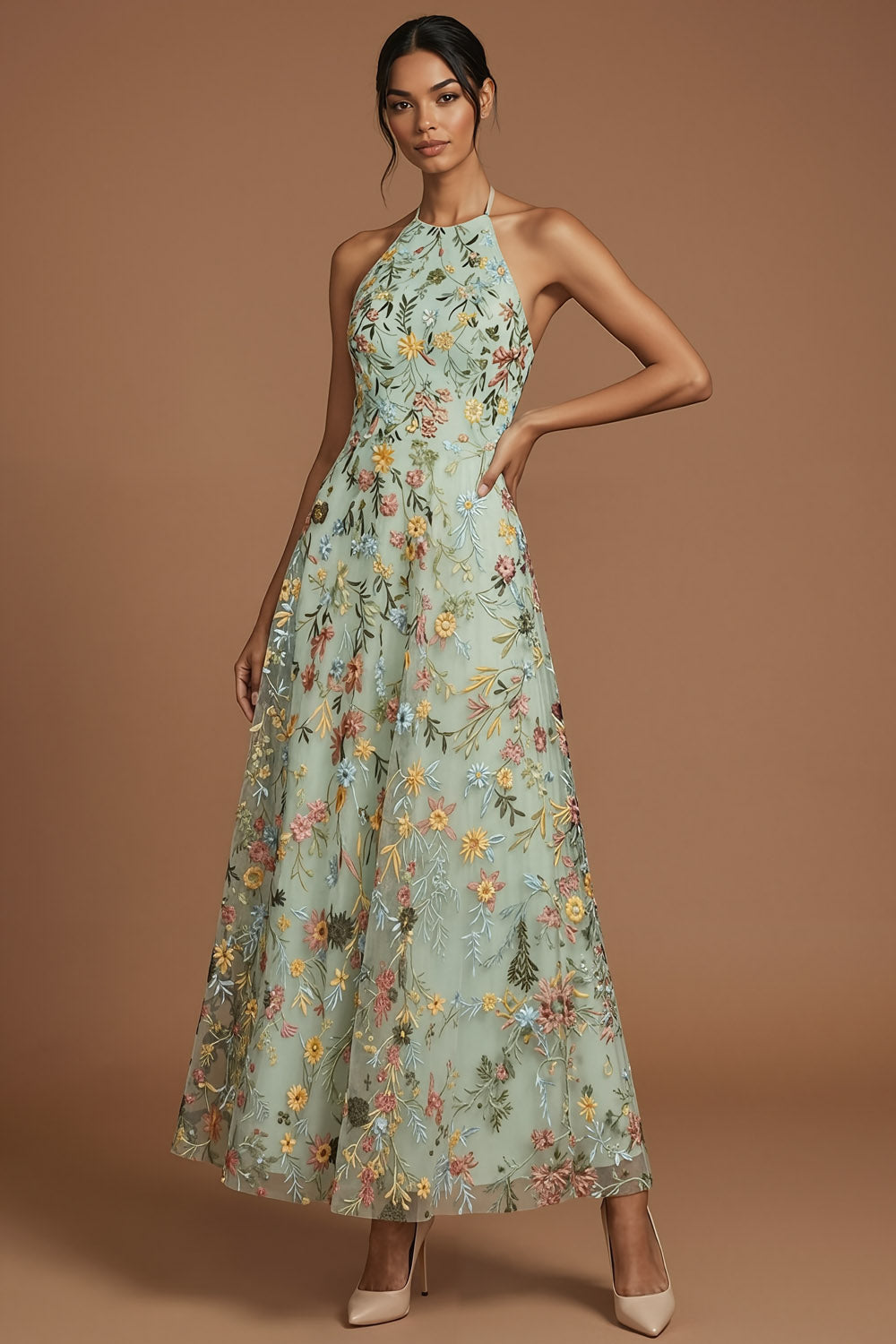 Green Floral A Line Embroidered Halter Neck Long Formal Dress