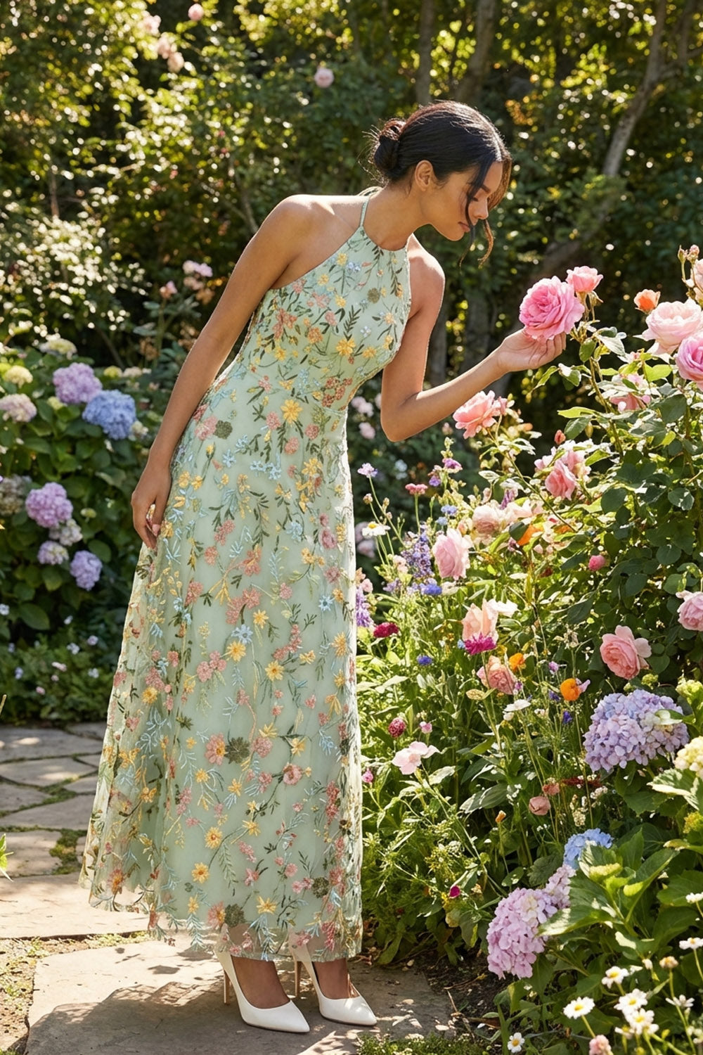 Green Floral A Line Embroidered Halter Neck Long Formal Dress