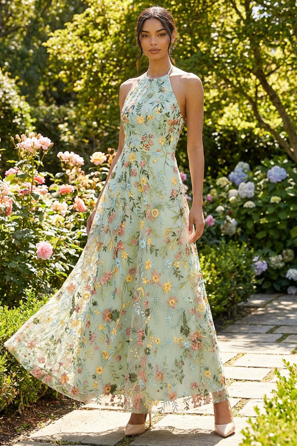 Green Floral A Line Embroidered Halter Neck Long Formal Dress