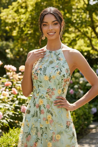 Green Floral A Line Embroidered Halter Neck Long Formal Dress