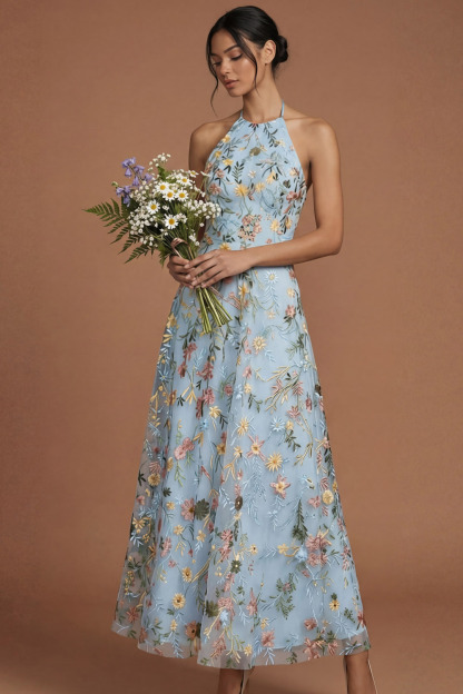 Green Floral A Line Embroidered Halter Neck Long Formal Dress