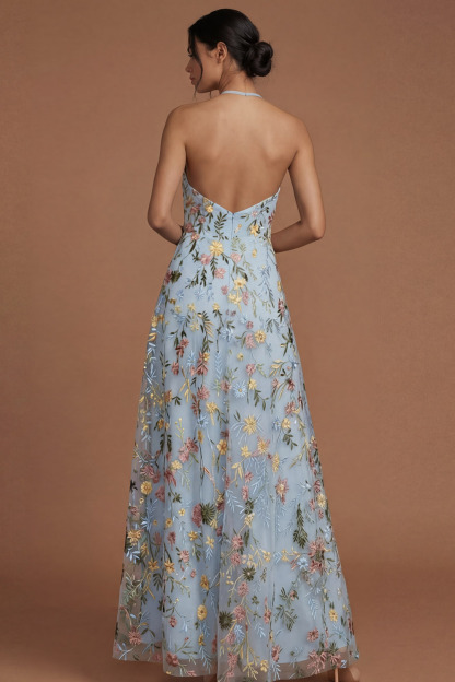 Green Floral A Line Embroidered Halter Neck Long Formal Dress