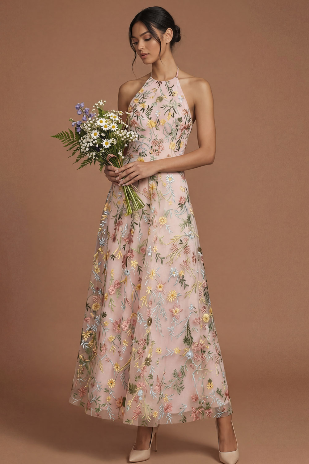 Green Floral A Line Embroidered Halter Neck Long Formal Dress