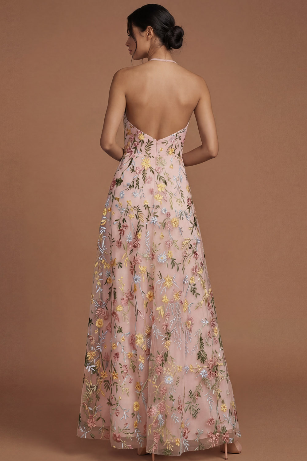 Green Floral A Line Embroidered Halter Neck Long Formal Dress