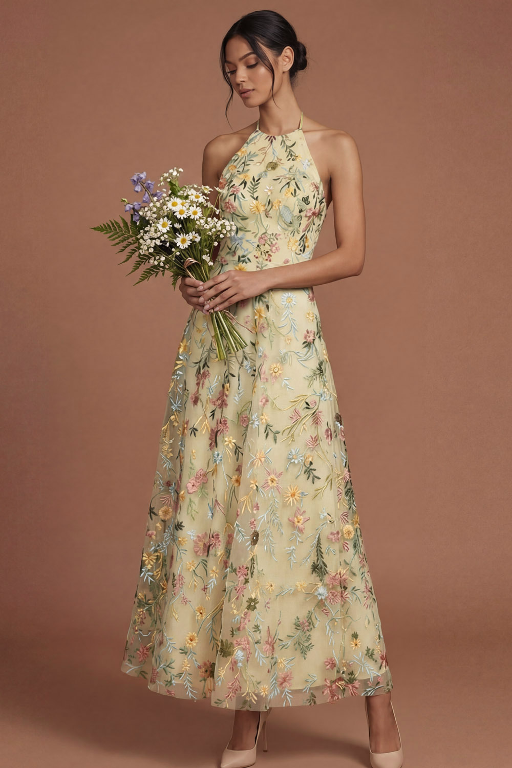 Green Floral A Line Embroidered Halter Neck Long Formal Dress