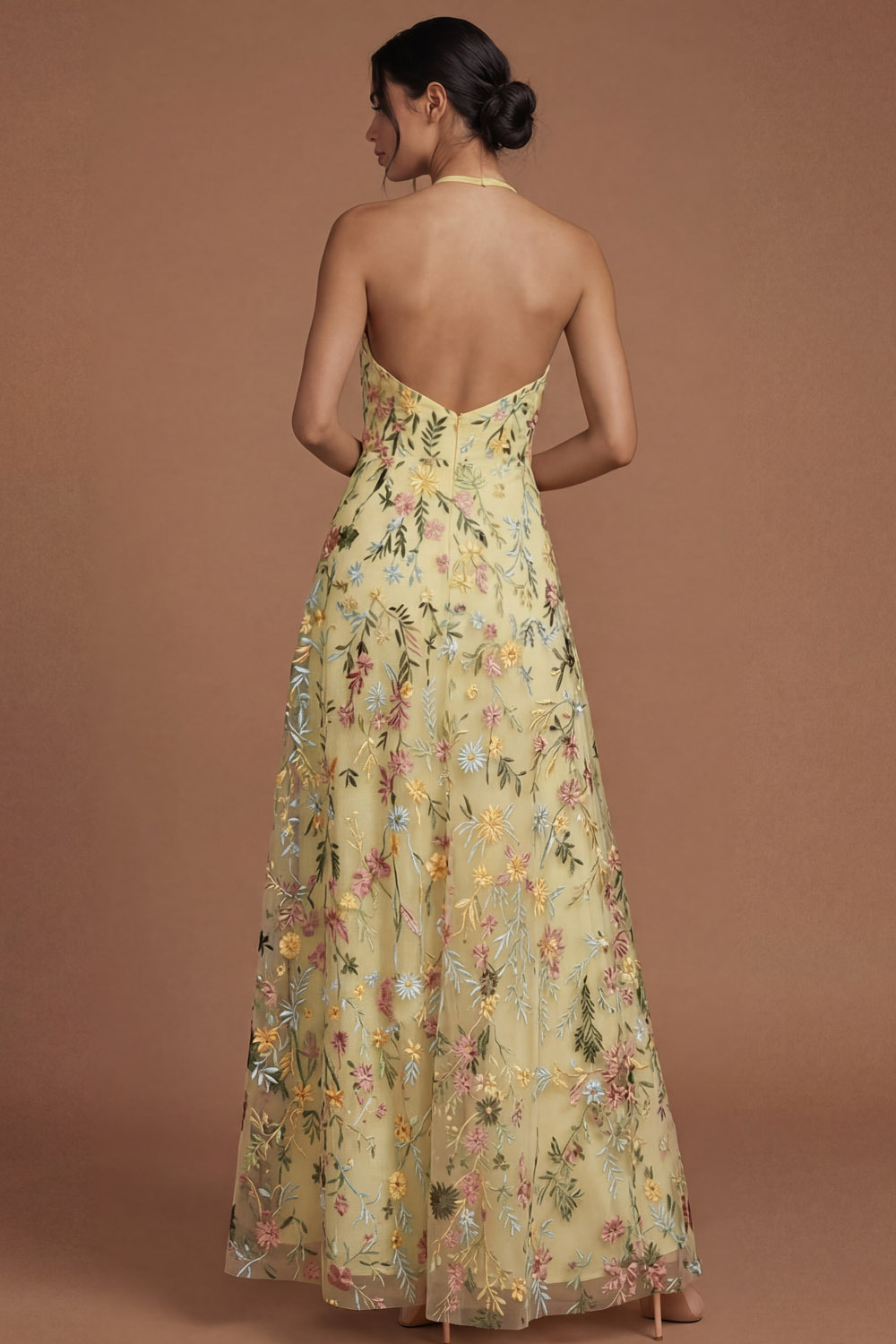 Green Floral A Line Embroidered Halter Neck Long Formal Dress