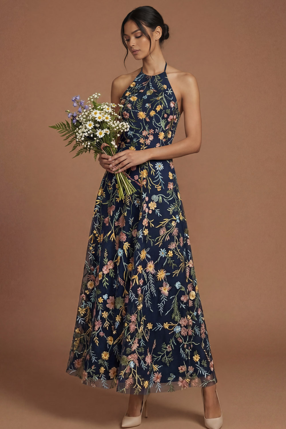 Green Floral A Line Embroidered Halter Neck Long Formal Dress