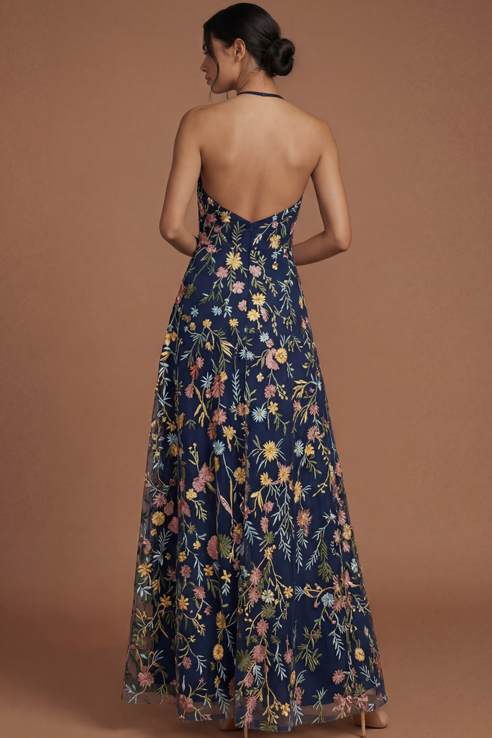 Green Floral A Line Embroidered Halter Neck Long Formal Dress