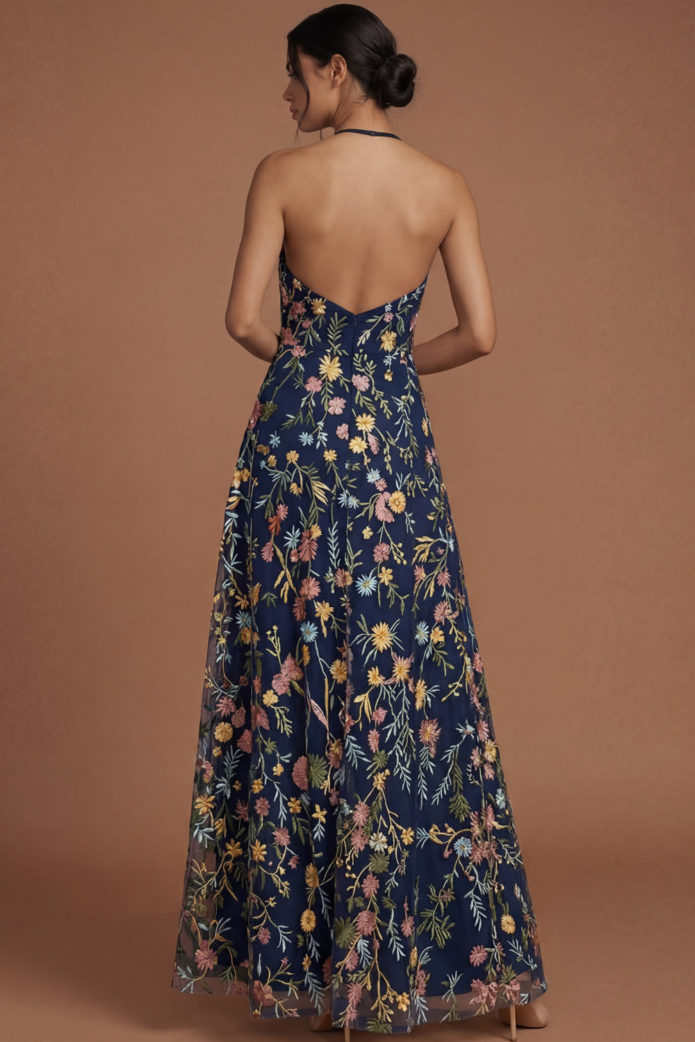 Green Floral A Line Embroidered Halter Neck Long Formal Dress