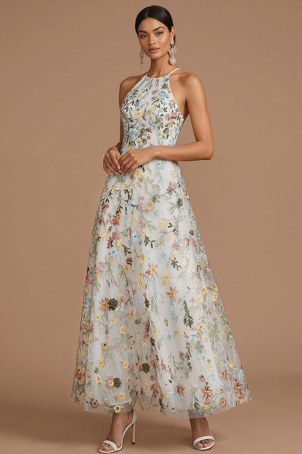 Green Floral A Line Embroidered Halter Neck Long Formal Dress