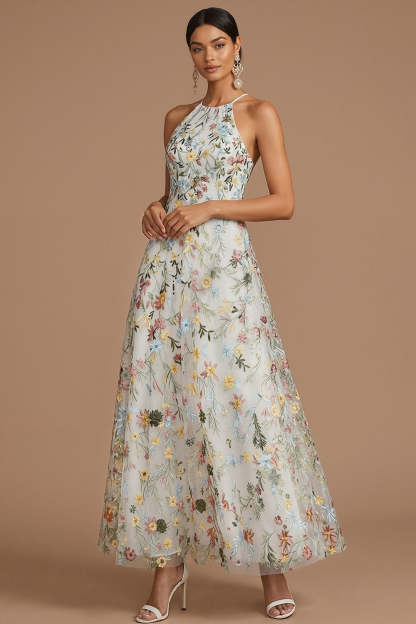 Green Floral A Line Embroidered Halter Neck Long Formal Dress
