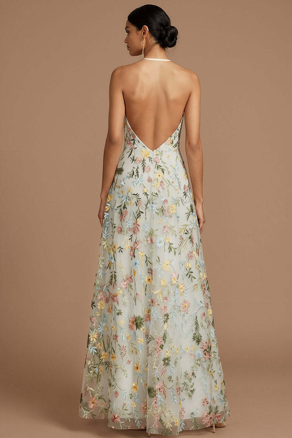 Green Floral A Line Embroidered Halter Neck Long Formal Dress