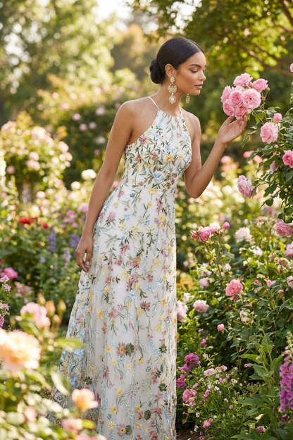 Green Floral A Line Embroidered Halter Neck Long Formal Dress