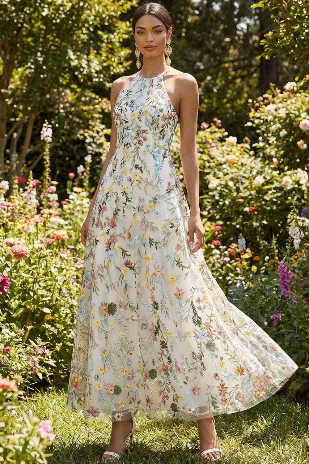 Green Floral A Line Embroidered Halter Neck Long Formal Dress