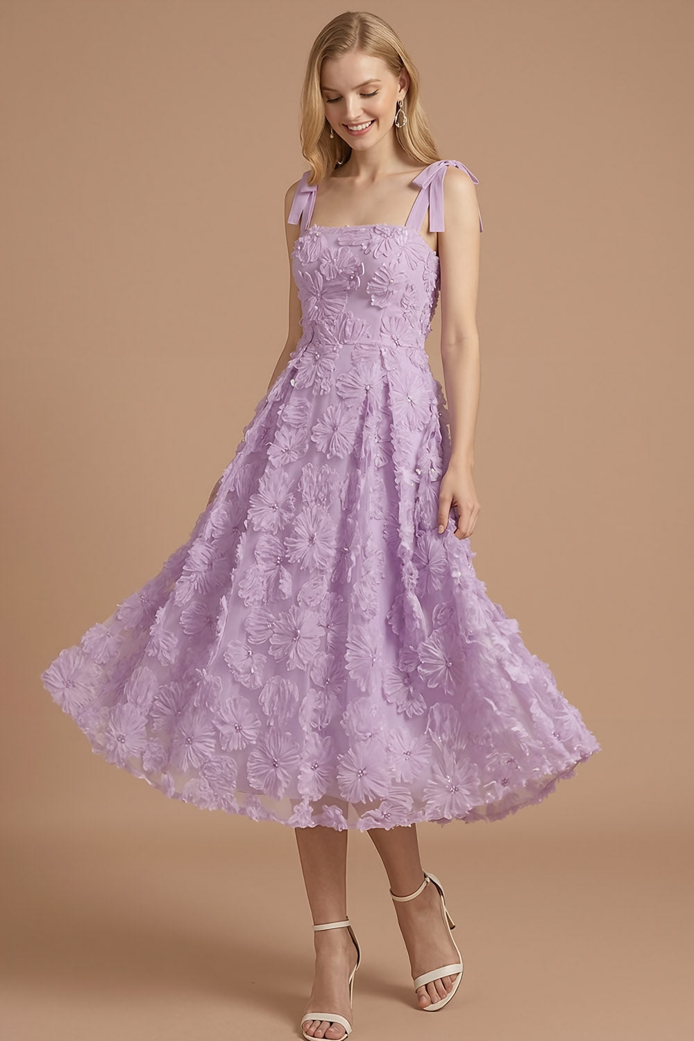 Floral Lilac Appliqued A Line Thick Straps Midi Wedding Guest Dress