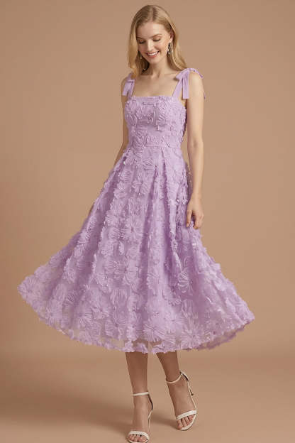 Leely Women Floral Lilac Appliqued Midi Wedding Guest Dress A Line Thick Straps Backless Sleeveless Formal Dress