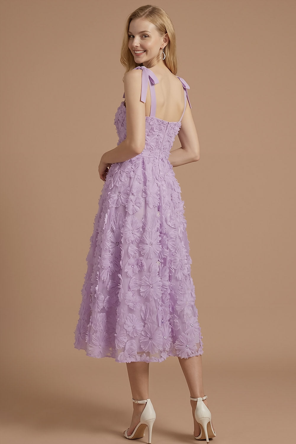Floral Lilac Appliqued A Line Thick Straps Midi Wedding Guest Dress