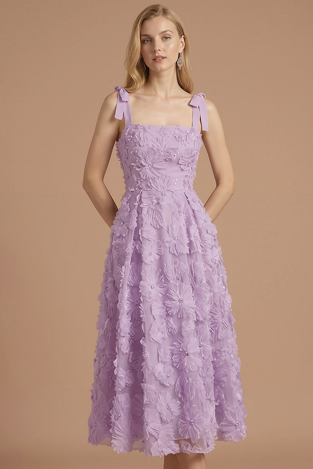 Floral Lilac Appliqued A Line Thick Straps Midi Wedding Guest Dress