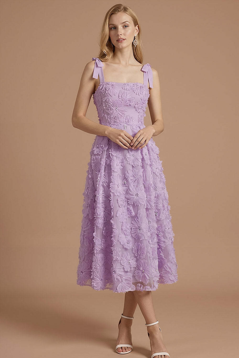 Floral Lilac Appliqued A Line Thick Straps Midi Wedding Guest Dress