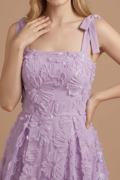 Floral Lilac Appliqued A Line Thick Straps Midi Wedding Guest Dress