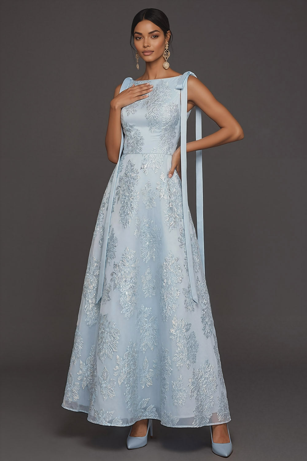 Leely Women Light Blue Floral Jacquard A Line Long Formal Dress Round Neck Sleeveless Wedding Guest Dress with Bow