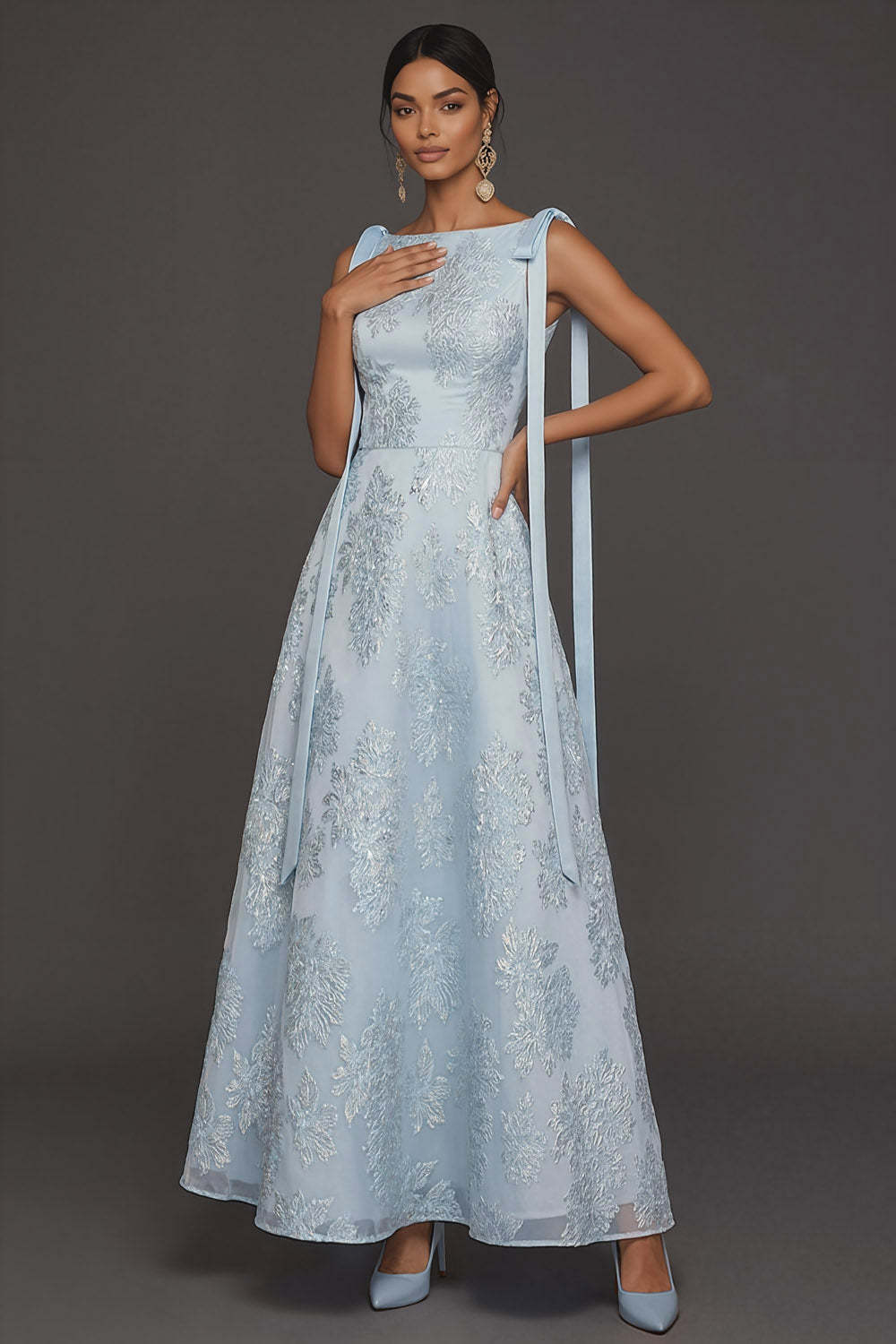 Leely Women Light Blue Floral Jacquard A Line Long Formal Dress Round Neck Sleeveless Wedding Guest Dress with Bow