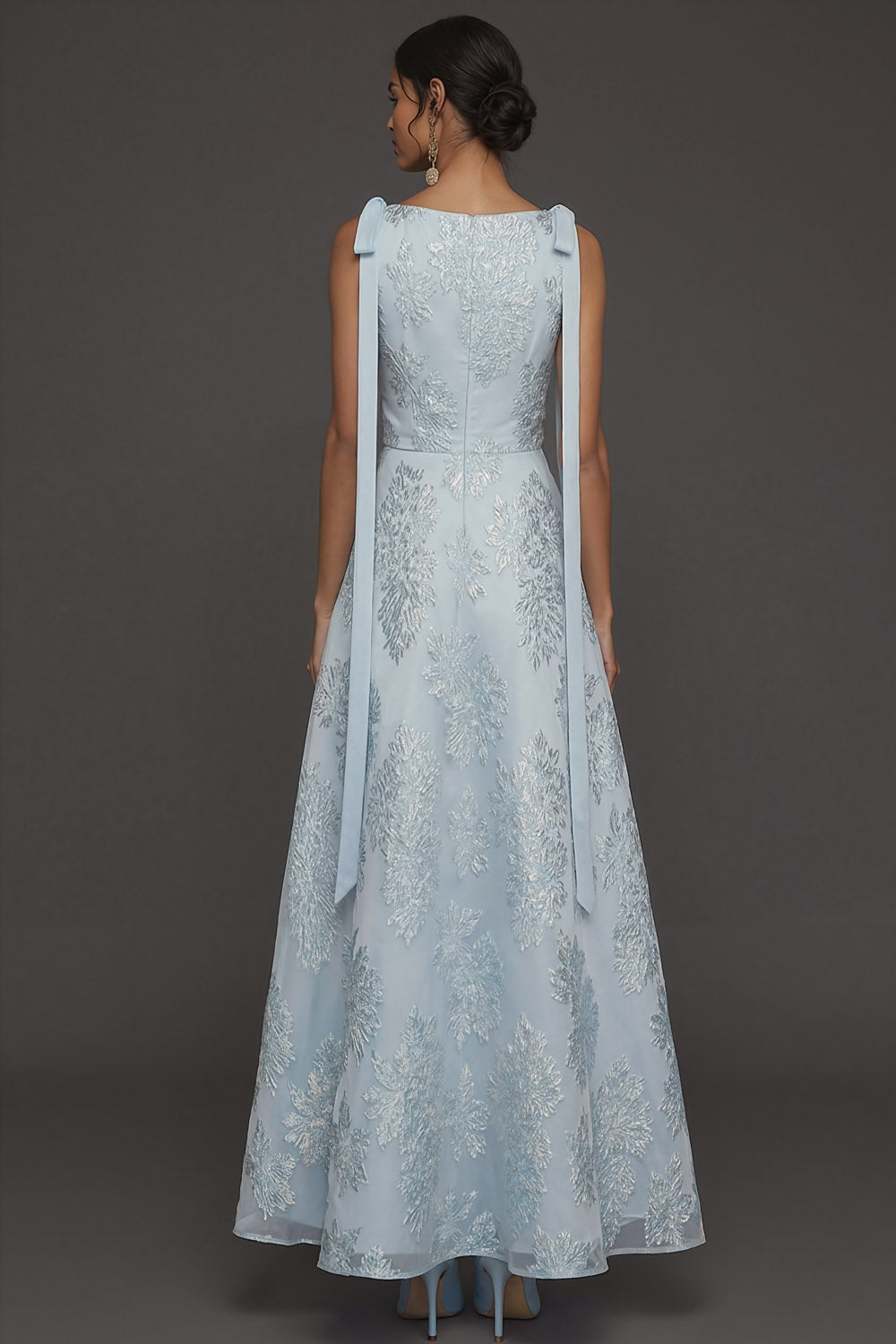 Light Blue Floral Jacquard A Line Long Formal Dress