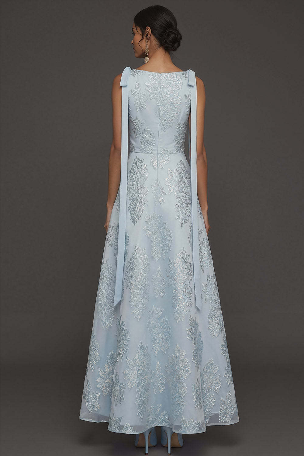 Light Blue Floral Jacquard A Line Long Formal Dress