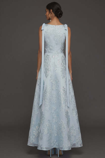 Light Blue Floral Jacquard A Line Long Formal Dress