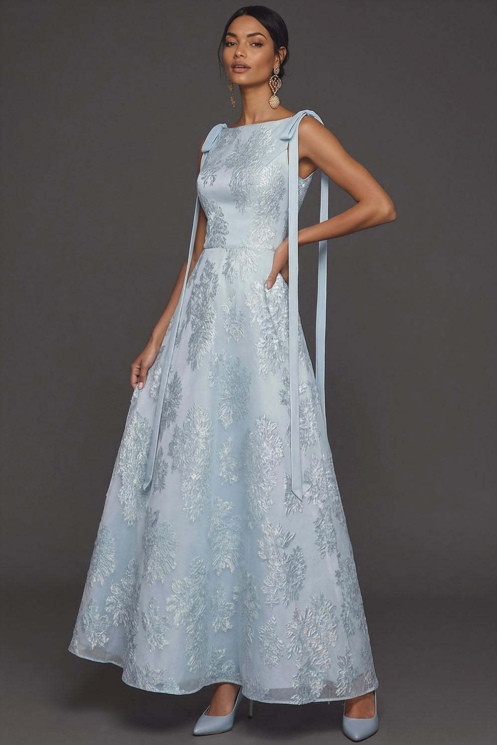 Light Blue Floral Jacquard A Line Long Formal Dress