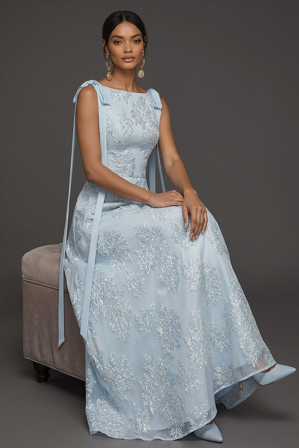 Light Blue Floral Jacquard A Line Long Formal Dress